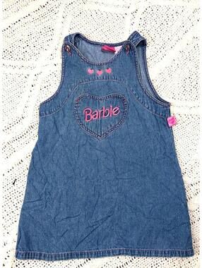 Vintage 1997 Barbie Denim Overalls Dress Pink Heart Girls 4/5 Rhinestone Buttons